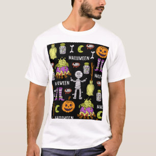Camiseta Símbolos de Halloween, tema vintage sin fisuras