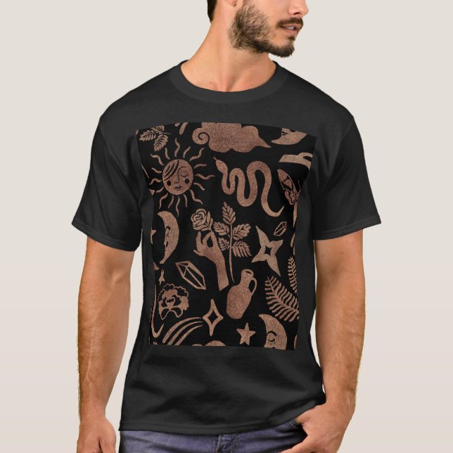 Camiseta Símbolos místicos: serpiente, sol, luna. (Anverso)