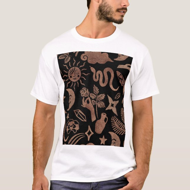 Camiseta Símbolos místicos: serpiente, sol, luna. (Anverso)