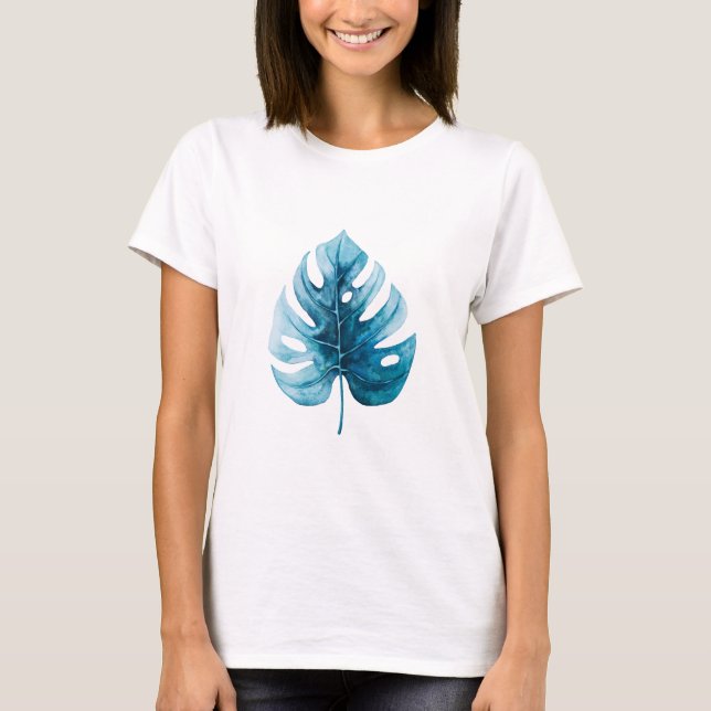 Camiseta Simple acuarela Azul Monstera Ilustracion (Anverso)