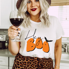 Camiseta Simple Halloween Hey Boo Naranja Bat Cita divertid