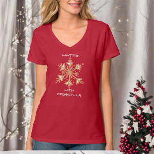 Camiseta Simple tipografía simple copo de nieve dorado rojo