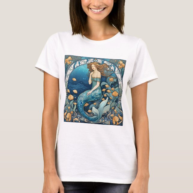 Camiseta Sirena Art Nouveau Aqua Azul Turquesa Art Deco (Anverso)
