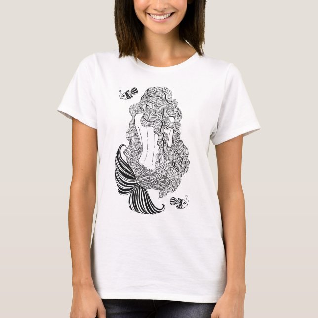 Camiseta sirena, chica, arte de línea (Anverso)