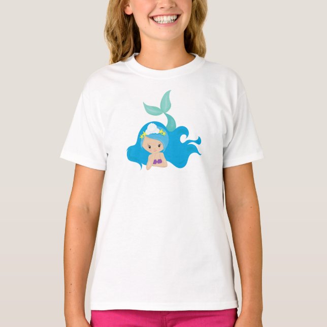 Camiseta Sirena Cuidada, Pelo Azul, Sirena Pequeña, Starfis (Anverso)