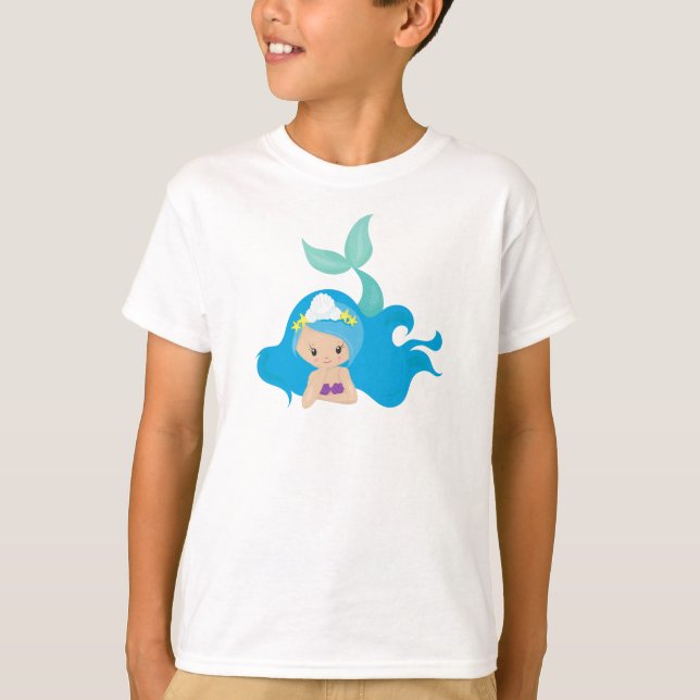 Camiseta Sirena Cuidada, Pelo Azul, Sirena Pequeña, Starfis (Anverso)