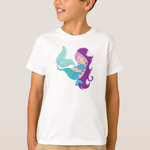 Camiseta Sirena Cuta, Sirena Pequeña, Pelo Púrpura, Delfín