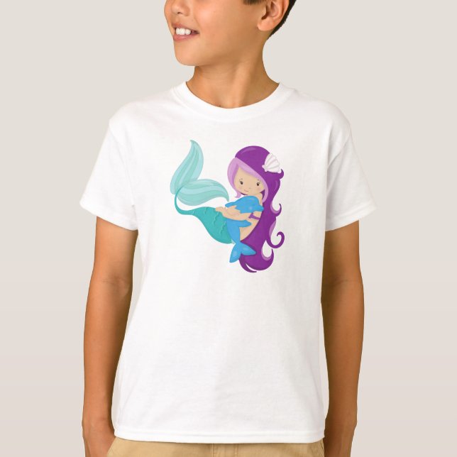 Camiseta Sirena Cuta, Sirena Pequeña, Pelo Púrpura, Delfín (Anverso)