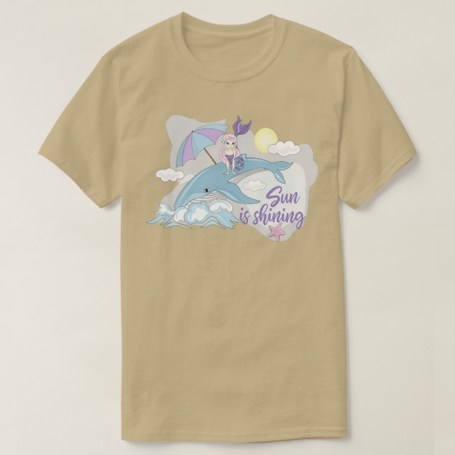 Camiseta Sirena de arte Sirena montando un sol de ballenas  (Diseño del anverso)