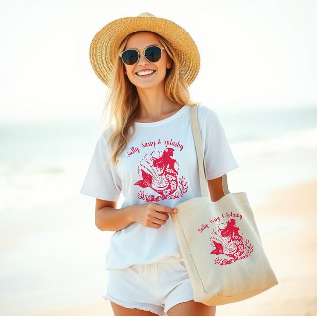 Camiseta Sirena hawaiana salada, fresca y roja (Hawaiian Mermaid-Sea Shells and Tropical Flowers-Fisherman Core-Beach Bag-Beach Tote-Summer bag-Red)