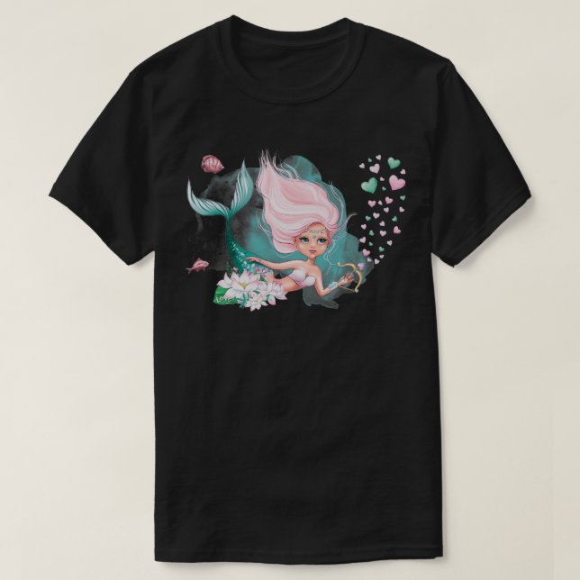Camiseta Sirena Sirena Valentina linda sirena de pelo rosa (Diseño del anverso)