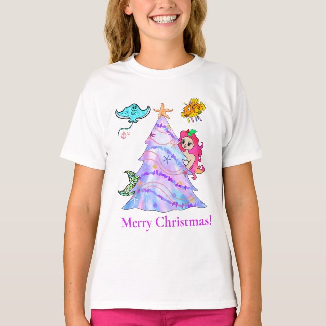 Camiseta Sirena y amigos decorando árbol de Navidad (Anverso)