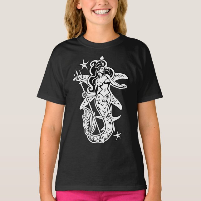 Camiseta Sirenita De Pin-Up Retro En Blanco Y Negro (Anverso)