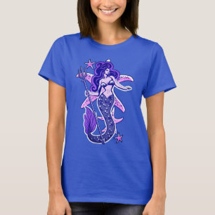 Camiseta Sirenita De Pinto Púrpura Y Azul Retro