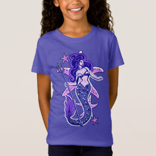 Camiseta Sirenita De Pinto Púrpura Y Azul Retro
