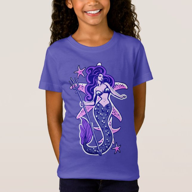 Camiseta Sirenita De Pinto Púrpura Y Azul Retro (Anverso)