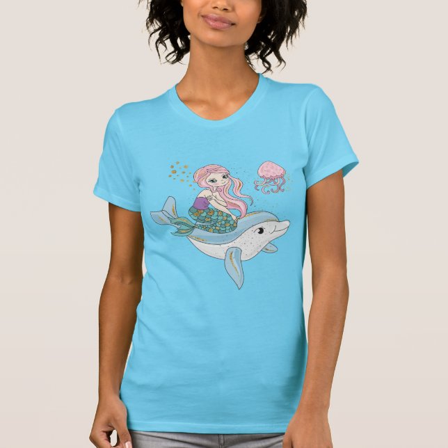 Camiseta Sirenita descubierta con delfín bajo el mar (Anverso)