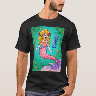 Camiseta Sirenita dorada sonriente con caballo de mar