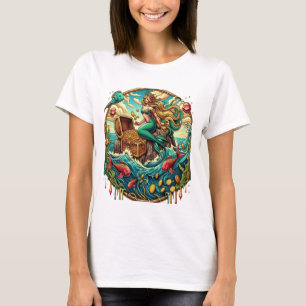 Camiseta Sirenita sentada en una roca con un tesoro abierto