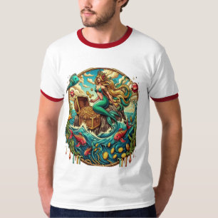 Camiseta Sirenita sentada en una roca con un tesoro abierto