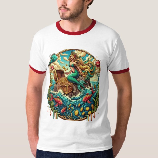 Camiseta Sirenita sentada en una roca con un tesoro abierto (Anverso)