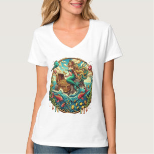 Camiseta Sirenita sentada en una roca con un tesoro abierto
