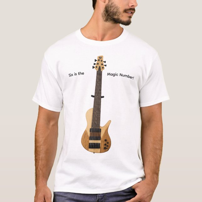 Camiseta Six Sting Bass guitar.  Six is the magic number. (Anverso)