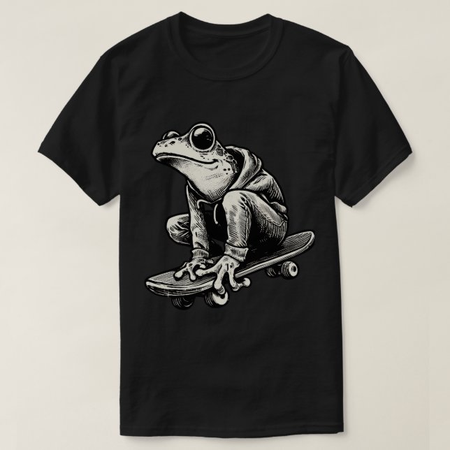 Camiseta Skateboarder de rana blanca y negra retro (Diseño del anverso)