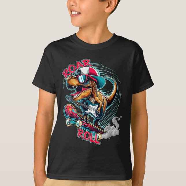 Camiseta Skater Guitar T-rex Roar Roll Dinosaur For Boys Me (Anverso)