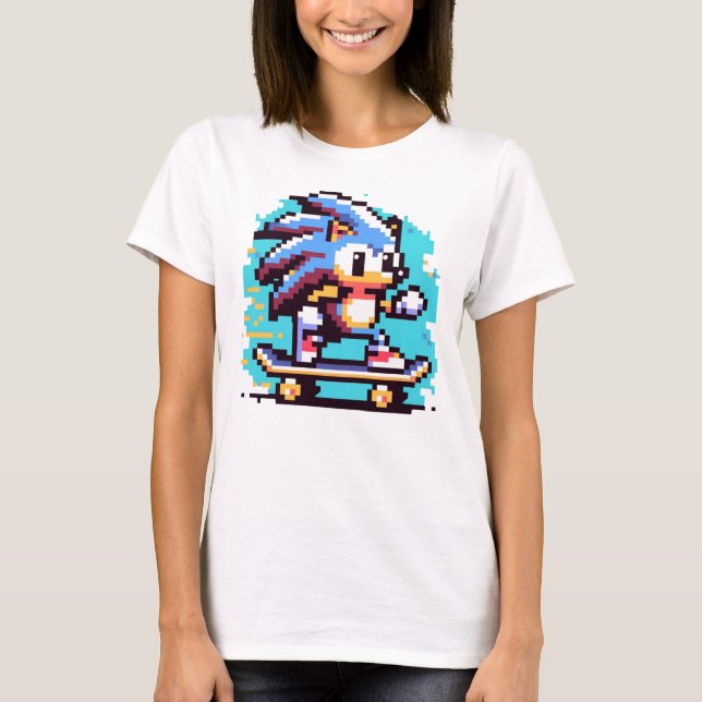 Camiseta Skater Hedgehog Fast & Fun Pixel Art Skateboarding (Anverso)