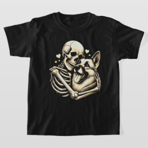 Camiseta Skeleton abrazando a perro Halloween Pastor alemán