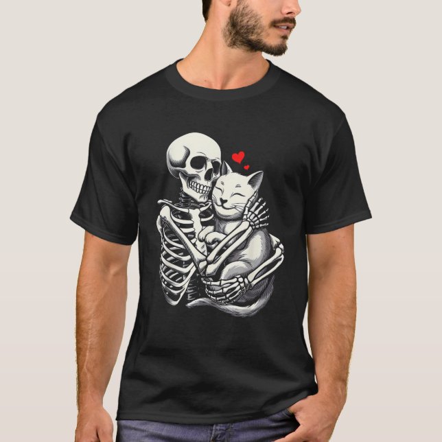 Camiseta Skeleton Abrazando gatos de Halloween Gato Gato Ma (Anverso)