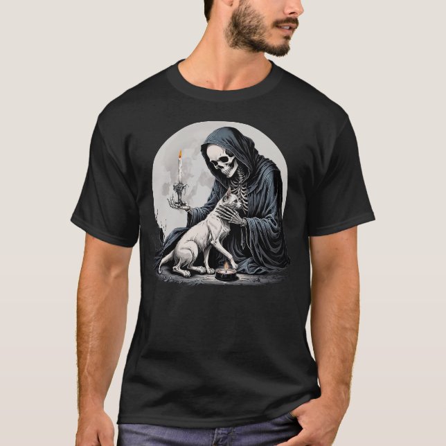 Camiseta Skeleton And Cat Cute Kitten Halloween Spooky Full (Anverso)
