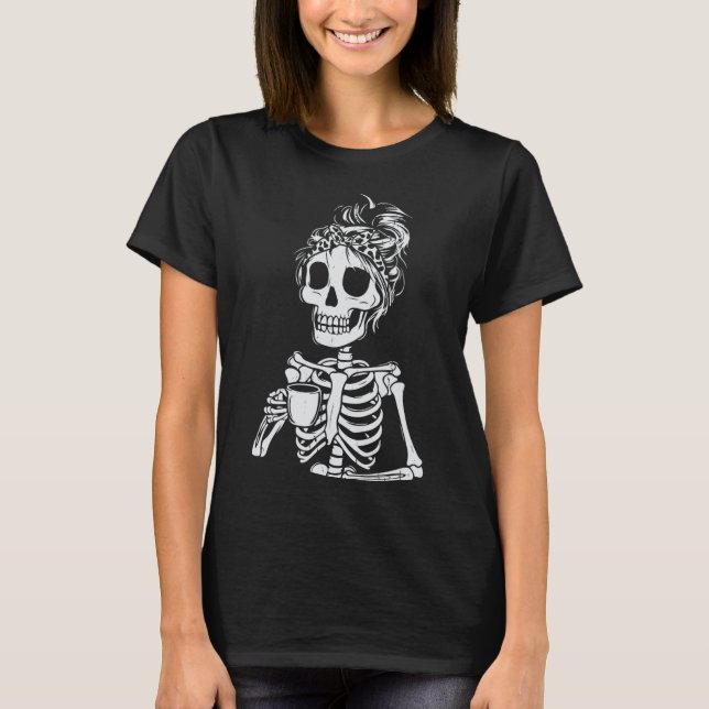 Camiseta Skeleton Bebe Café Calavera Graciosa Mujer Hallowe (Anverso)