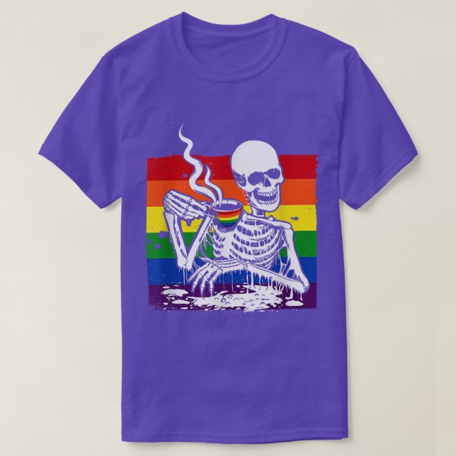 Camiseta Skeleton Beber café LGBTQ Retro Orgullo Gay Fla (Diseño del anverso)