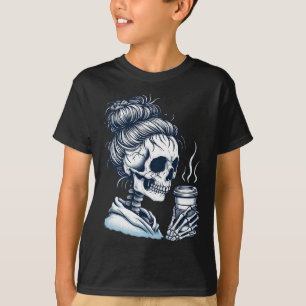 Camiseta Skeleton Beber café Messy Bun Women Halloween