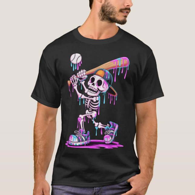 Camiseta Skeleton Béisbol Drin Niños Jóvenes Halloween (Anverso)