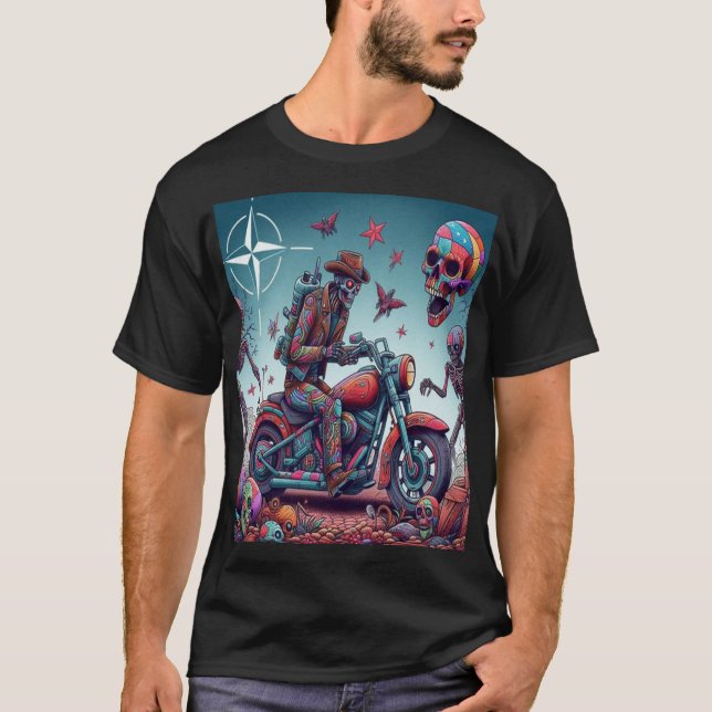 Camiseta Skeleton Biker in Surreal Psychedelic World (Anverso)