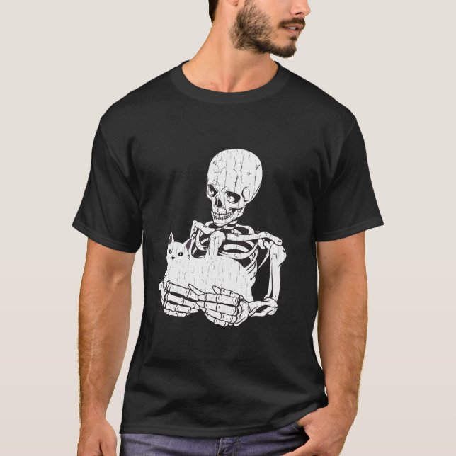 Camiseta Skeleton Cat Skull Kitty Cute Gótico Halloween Hom (Anverso)
