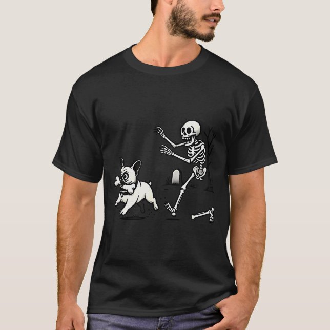 Camiseta Skeleton Chasing French Bulldog Biting Leg Bone Ha (Anverso)