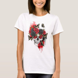 Camiseta Skeleton con Rosas negros rojos y mariposas
