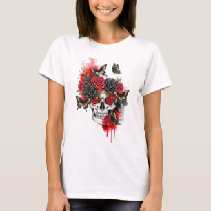 Camiseta Skeleton con Rosas negros rojos y mariposas