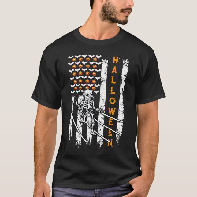 Camiseta Skeleton Corriendo Halloween Bandera de Estados Un (Anverso)