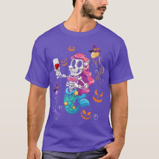 Camiseta Skeleton Cute Sirenita Bebiendo Vino Halloween Sky