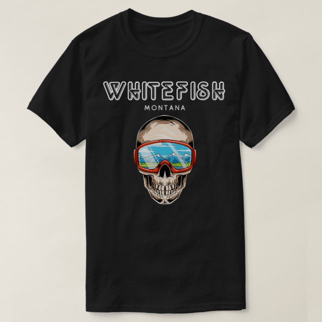 Camiseta Skeleton de Whitefish Montana y Snowboard (Diseño del anverso)