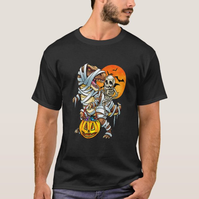 Camiseta Skeleton Dinosaur rex Boys Halloween Mummy  Pumpki (Anverso)