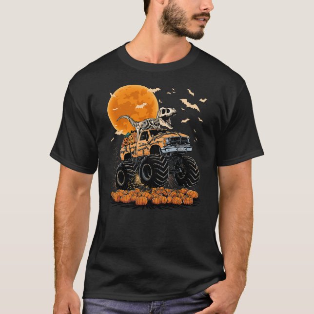 Camiseta Skeleton Dinosaur T-rex Riding Monster Truck Hallo (Anverso)