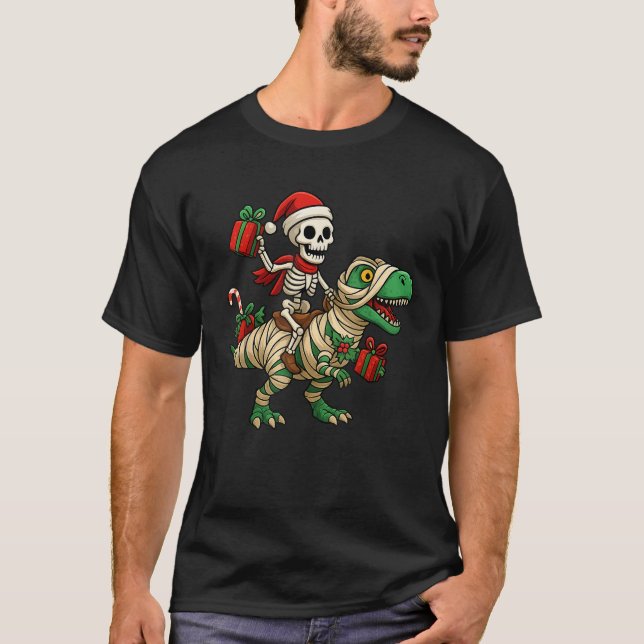 Camiseta Skeleton Dinosaur Ugly Christmas Party Winter Holi (Anverso)