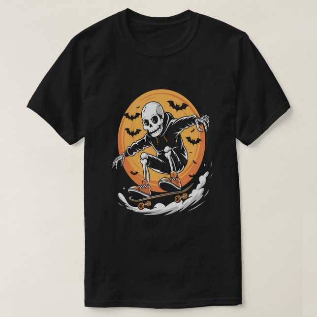 Camiseta Skeleton divertido en Skateboard bajo luna llena H (Diseño del anverso)