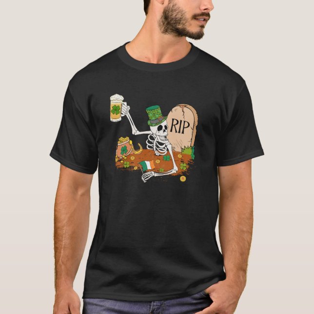 Camiseta Skeleton Drinking Beer St Patricks Day Leprechaun  (Anverso)